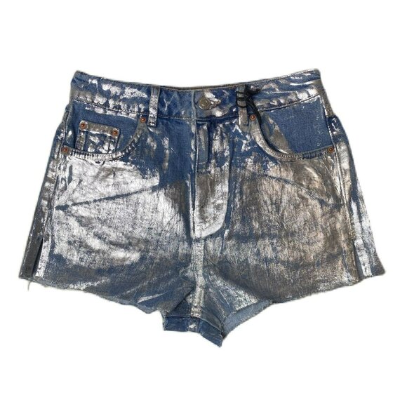 TOPSHOP Women’s Blue Silver Foil Mom Shorts - Size 4 | 100% Cotton - Picture 1 of 3